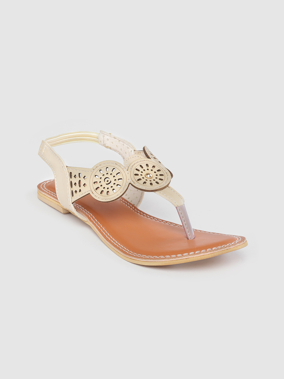 Shezone Women Beige Laser Cut Open Toe Flats