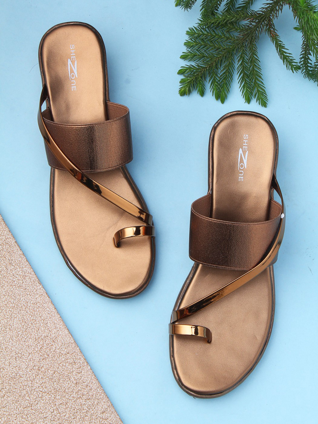 Shezone Women Bronze-Toned Solid One Toe Heels