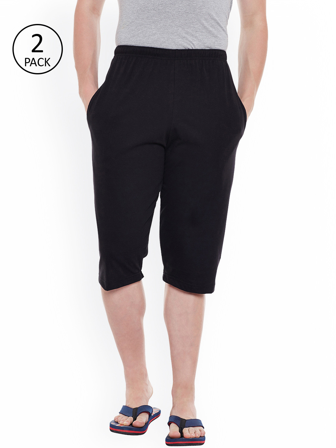 MACK JONNEY Men Pack of 2 Black Solid 3/4th Lounge Shorts