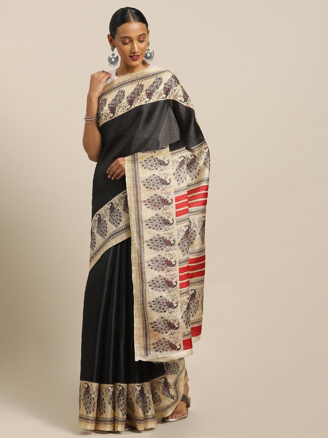 Mirchi Fashion Black Beige Art Silk Printed Khadi Saree