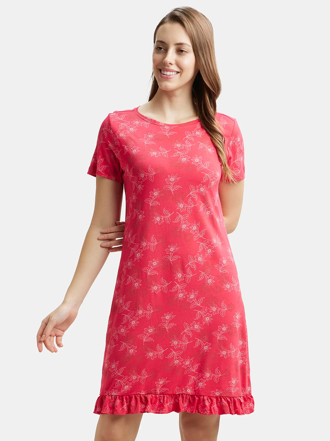 Jockey Printed Micro Modal Cotton Ruffled Hem Styled Sleep Dress-RX25