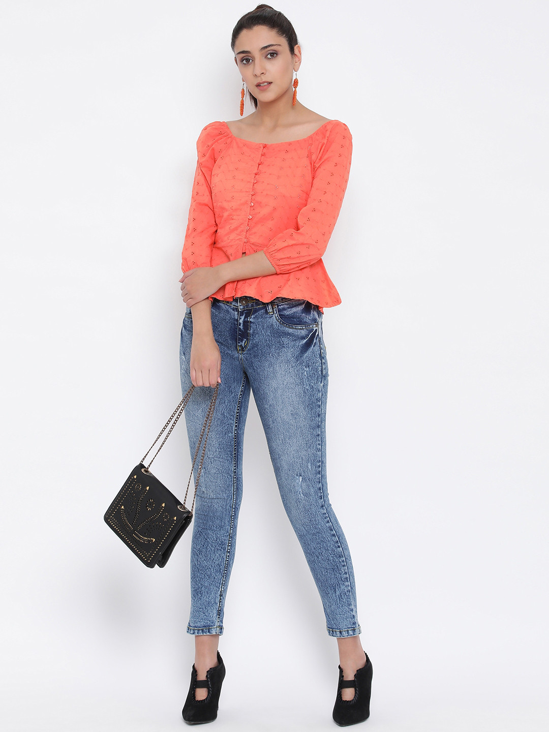 Oxolloxo Women Orange Peplum Schiffli Top