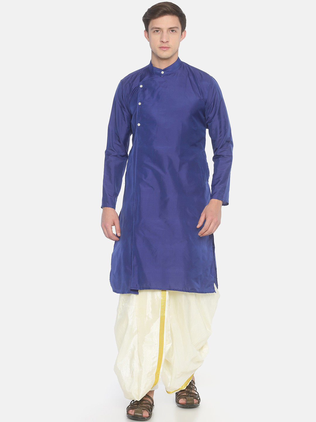 Sethukrishna Men Navy Blue & Off-White Solid Kurta with Dhoti Pants