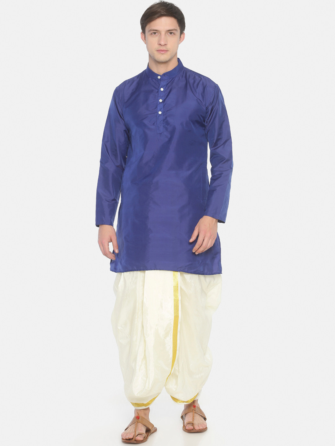 Sethukrishna Men Navy Blue Solid Kurta with Dhoti Pants