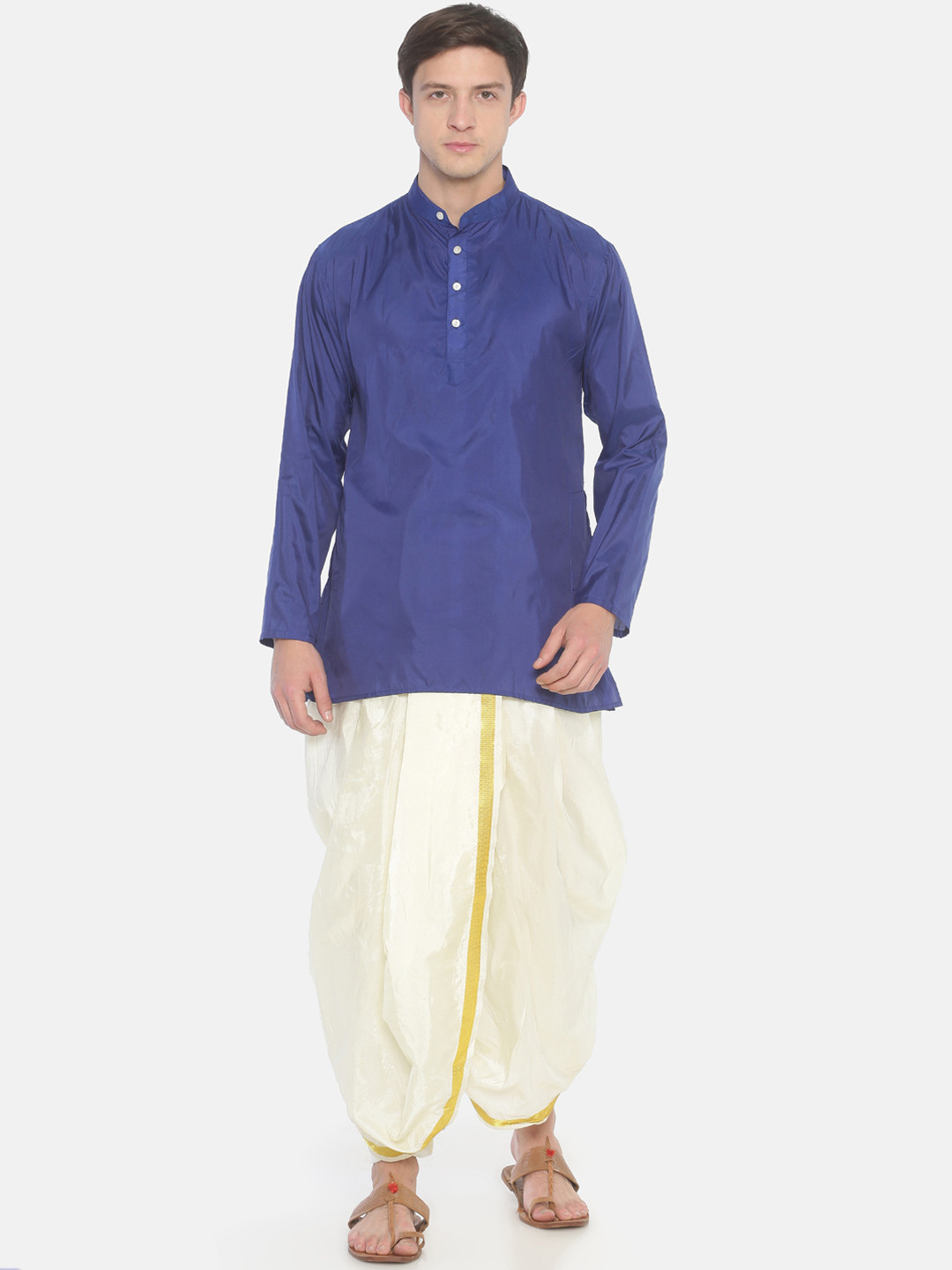 Sethukrishna Men Navy Blue Solid Kurta with Dhoti Pants