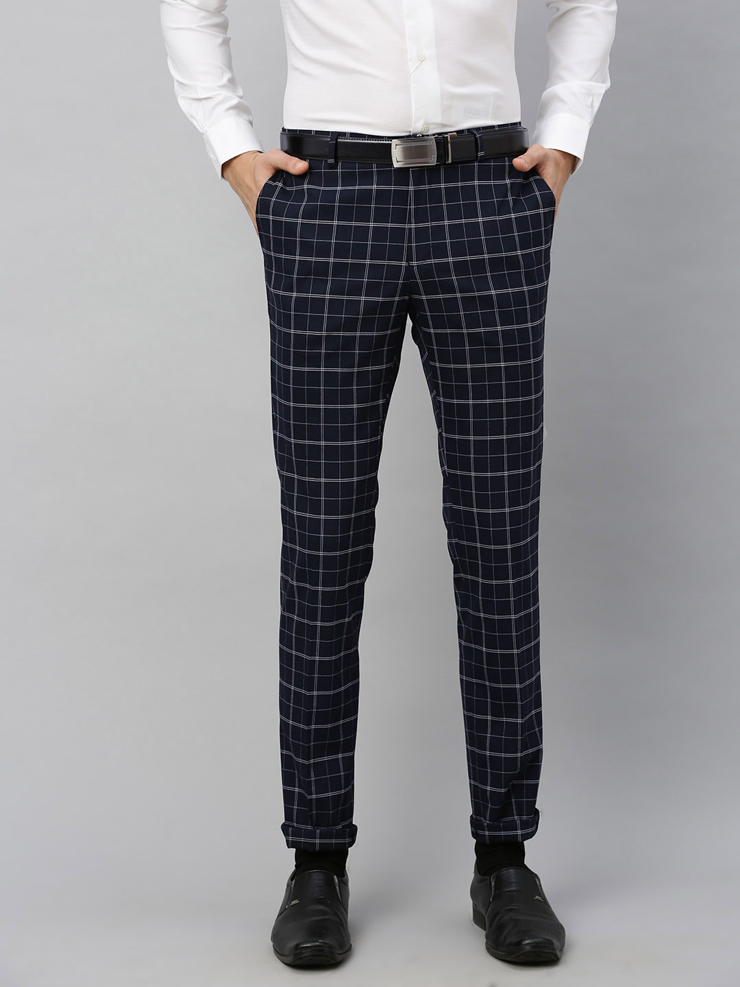 Blackberrys Men Navy Blue & White B-91 Narrow Fit Checked Formal Trousers