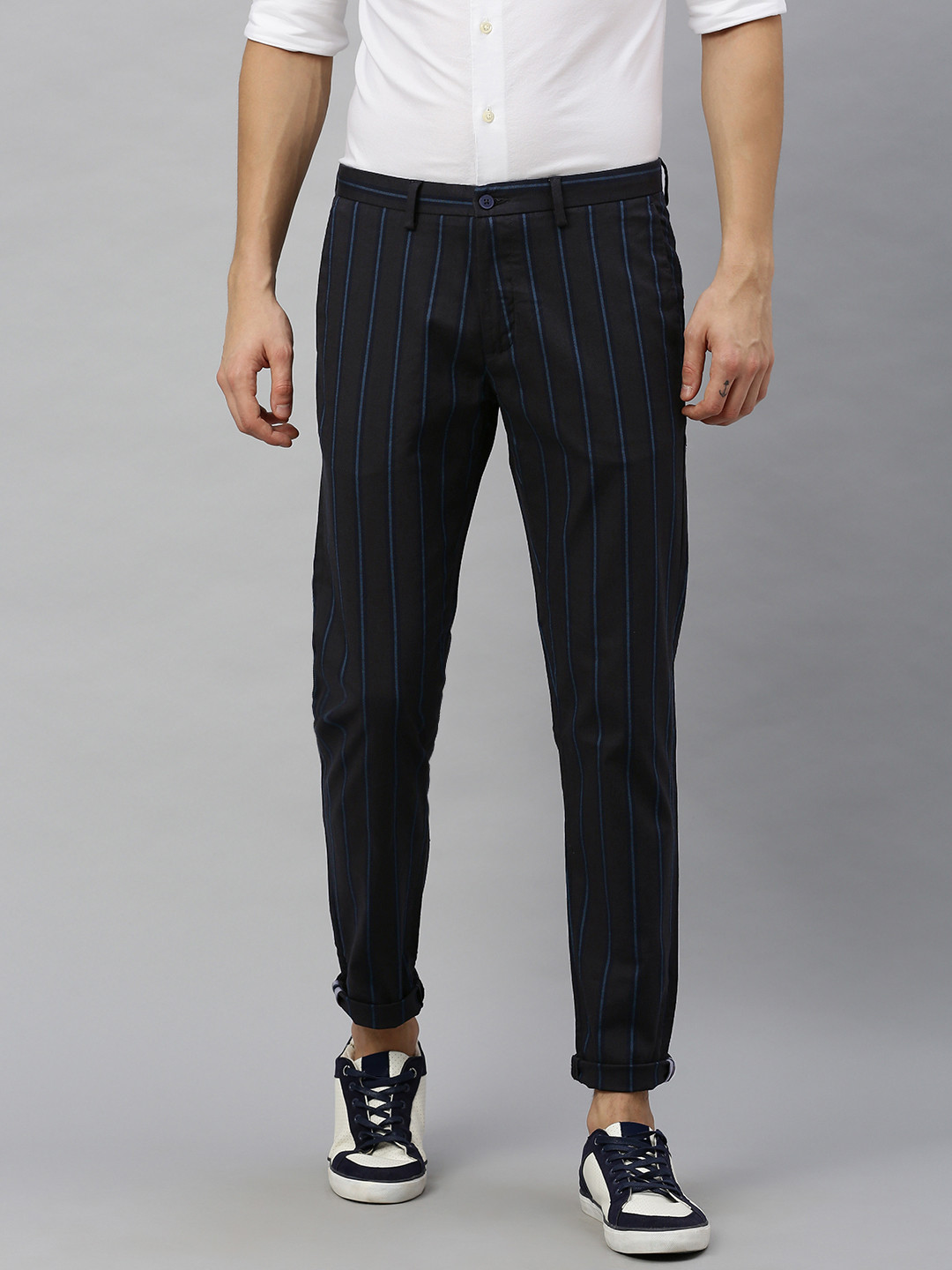 Blackberrys Men Teal Blue & Charcoal Grey Phoenix Skinny Fit Striped Regular Trousers