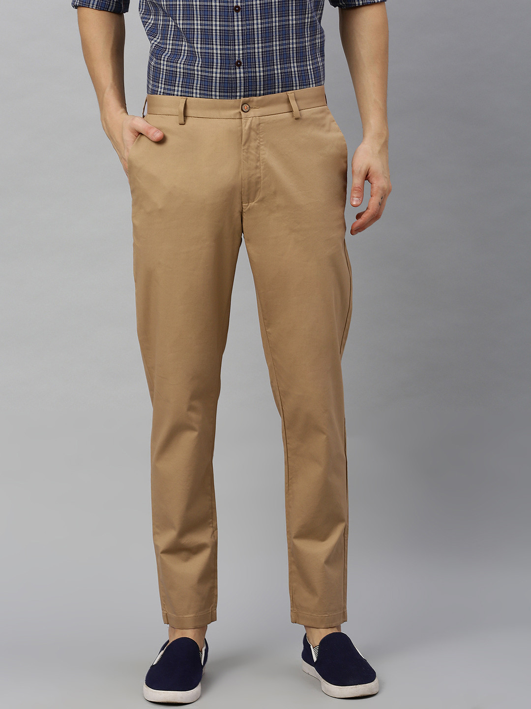 Blackberrys Men Khaki Narrow Tailored Fit Self Design Regular Trousers