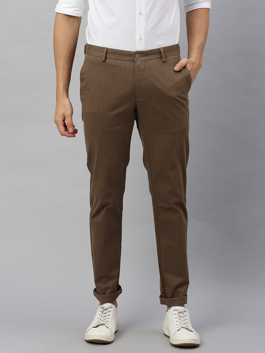 Blackberrys Men Brown & Black B-91 Skinny Fit Striped Chinos
