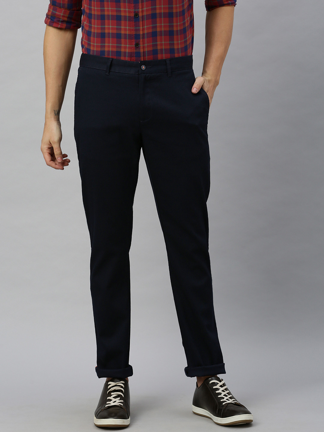 Blackberrys Men Navy Blue B-95 Tapered Regular Fit Solid Regular Trousers