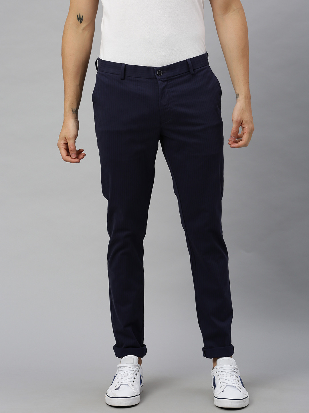 Blackberrys Men Blue Narrow Fit Striped Chinos