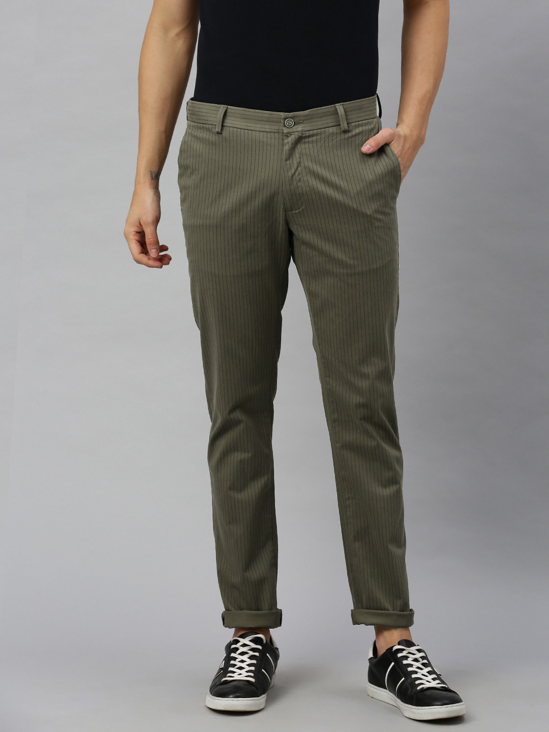 Blackberrys Men Olive Green Narrow Tailored Fit Striped Regular Trousers