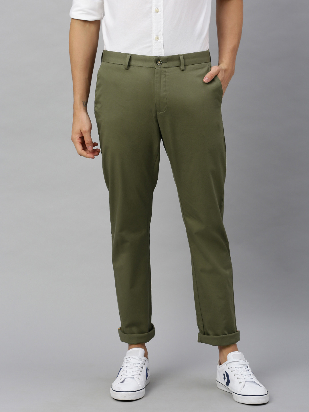 Blackberrys Men Olive Green  Solid ChinB-95 Tapered Fitos