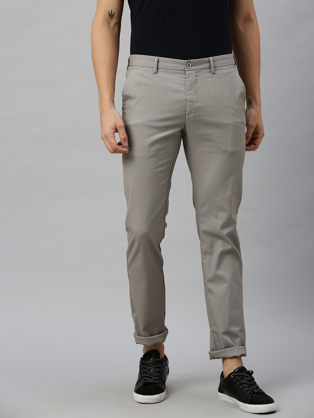 Blackberrys Men Grey Self Design B-95 Slim Fit Regular Trousers