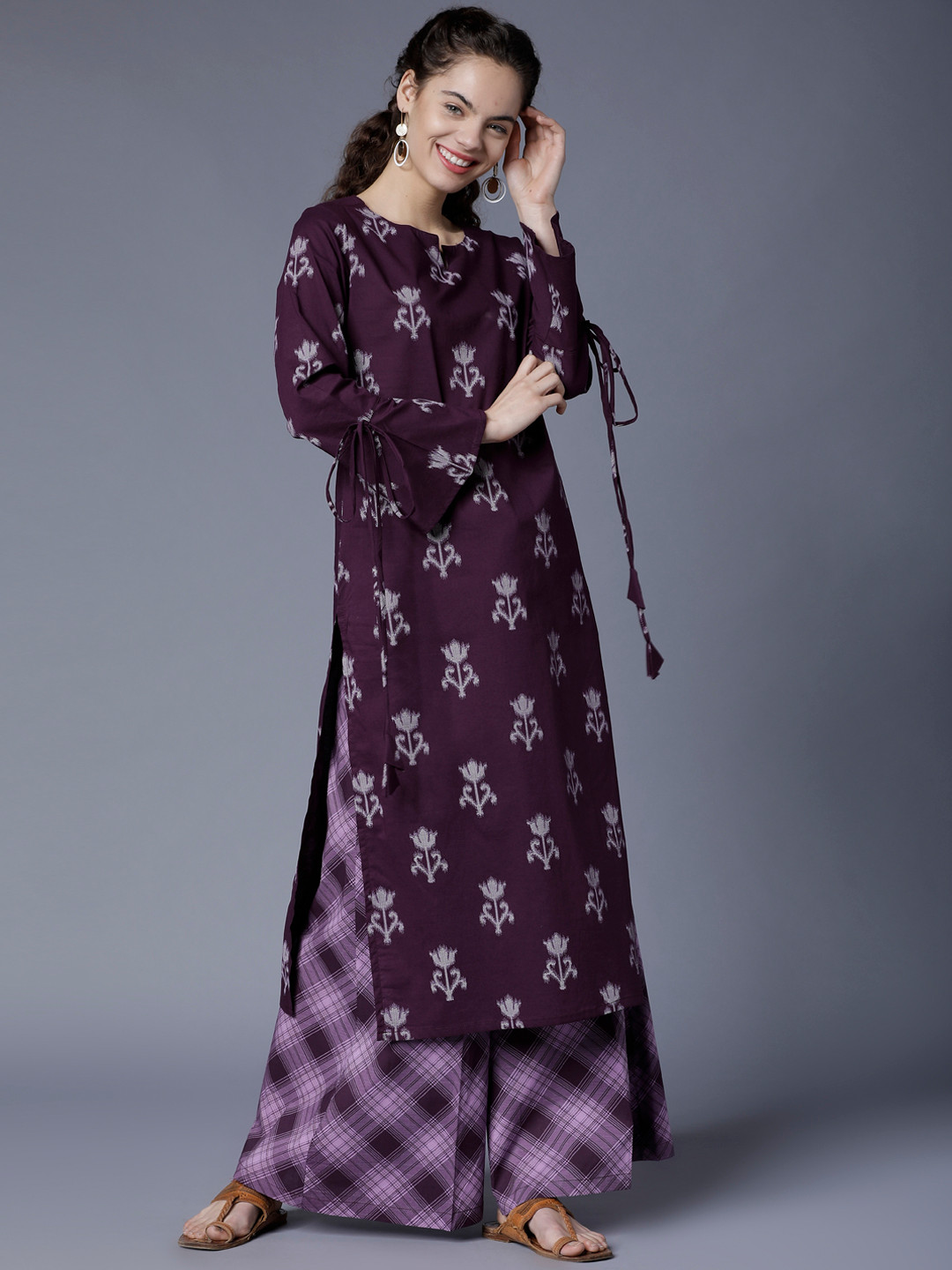 Vishudh Women Purple & Grey Printed Kurta with Checked Palazzos