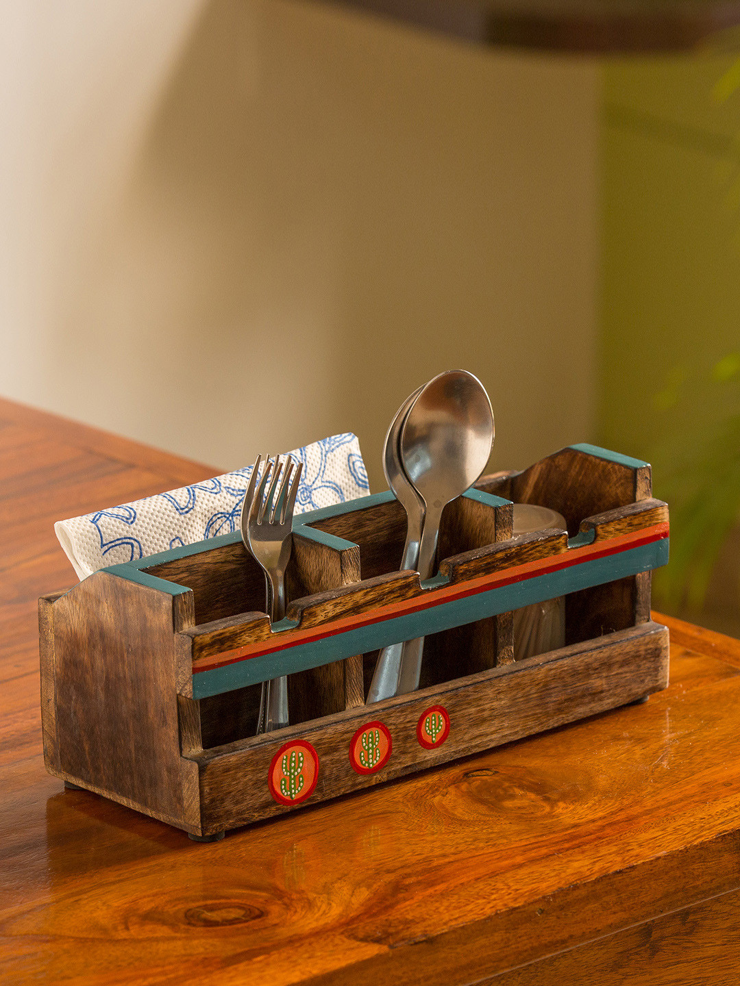 ExclusiveLane Brown Blue Oasis Spaces Hand-Painted Mango 4Partitions Wooden Cutlery Holder