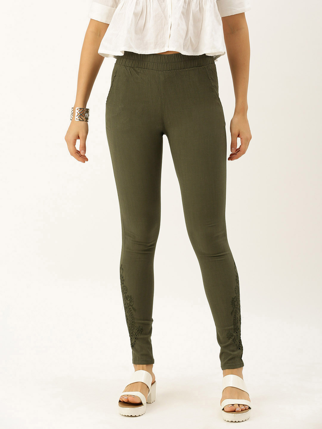Soch Women Olive Green Regular Fit Solid Regular Trousers with Embroidery