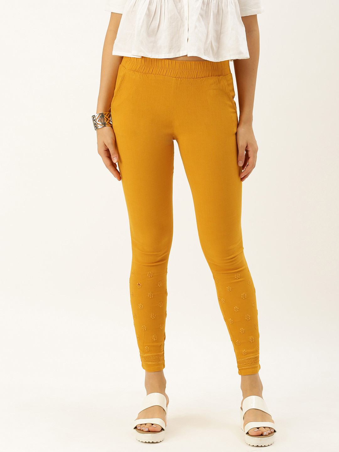 Soch Women Mustard Yellow Skinny Fit Embroidered Trousers