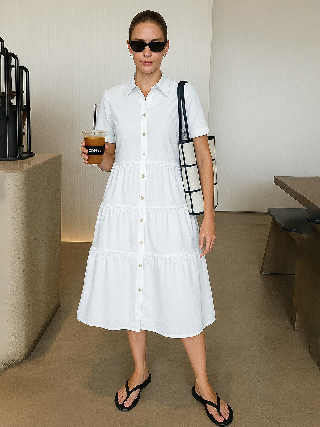 SASSAFRAS White Tiered Cotton Shirt Dress