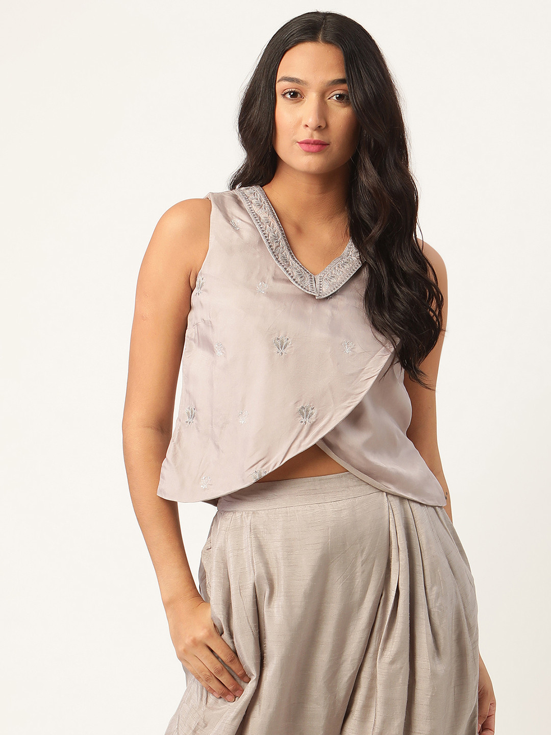 ROOTED Women Grey Embroidered A-Line Top