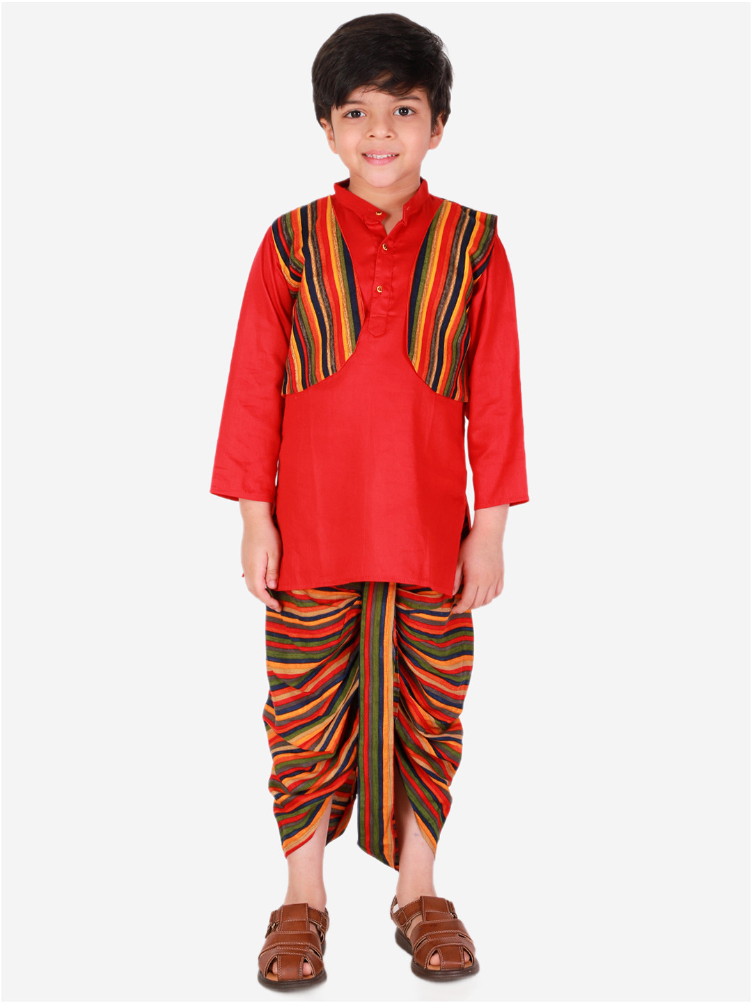 Superminis Boys Red & Black Striped Kurta with Dhoti Pants