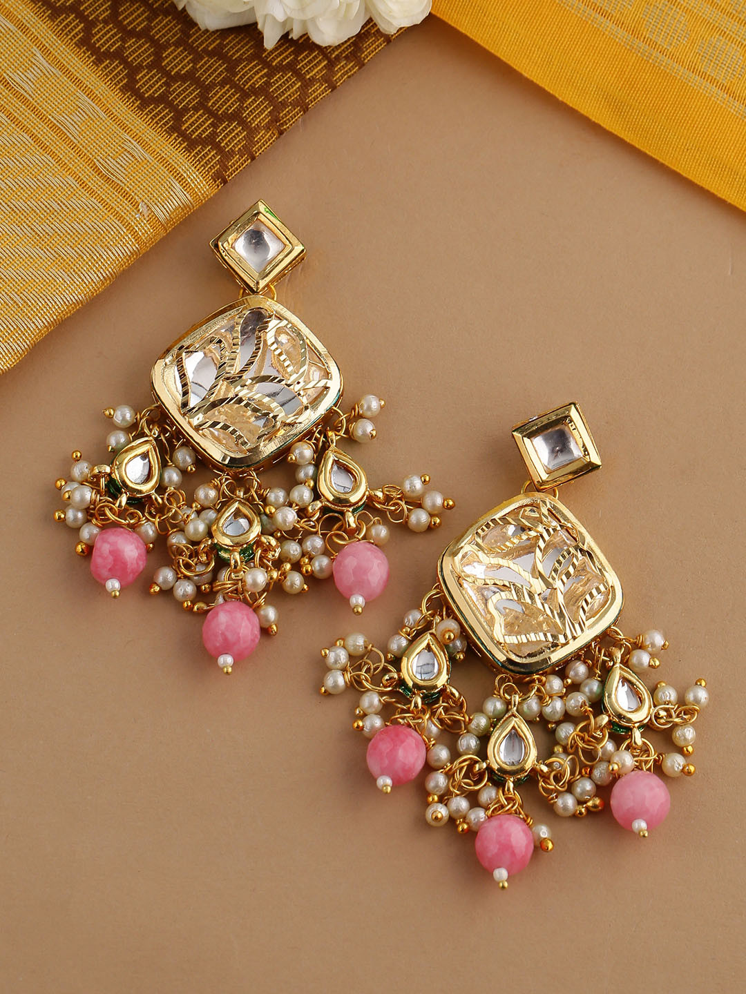 Shoshaa Pink & Off-White Gold Plated Kundan Studded & Beaded Classic Drop Earrings