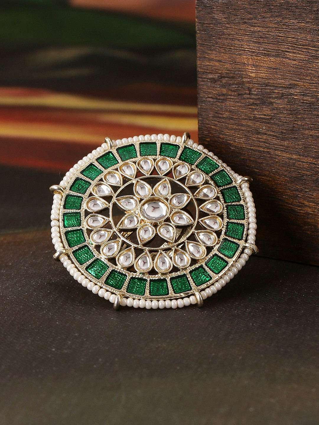 Shoshaa Gold-Plated Green & White Kundan-Studded Beaded Cocktail Finger Ring