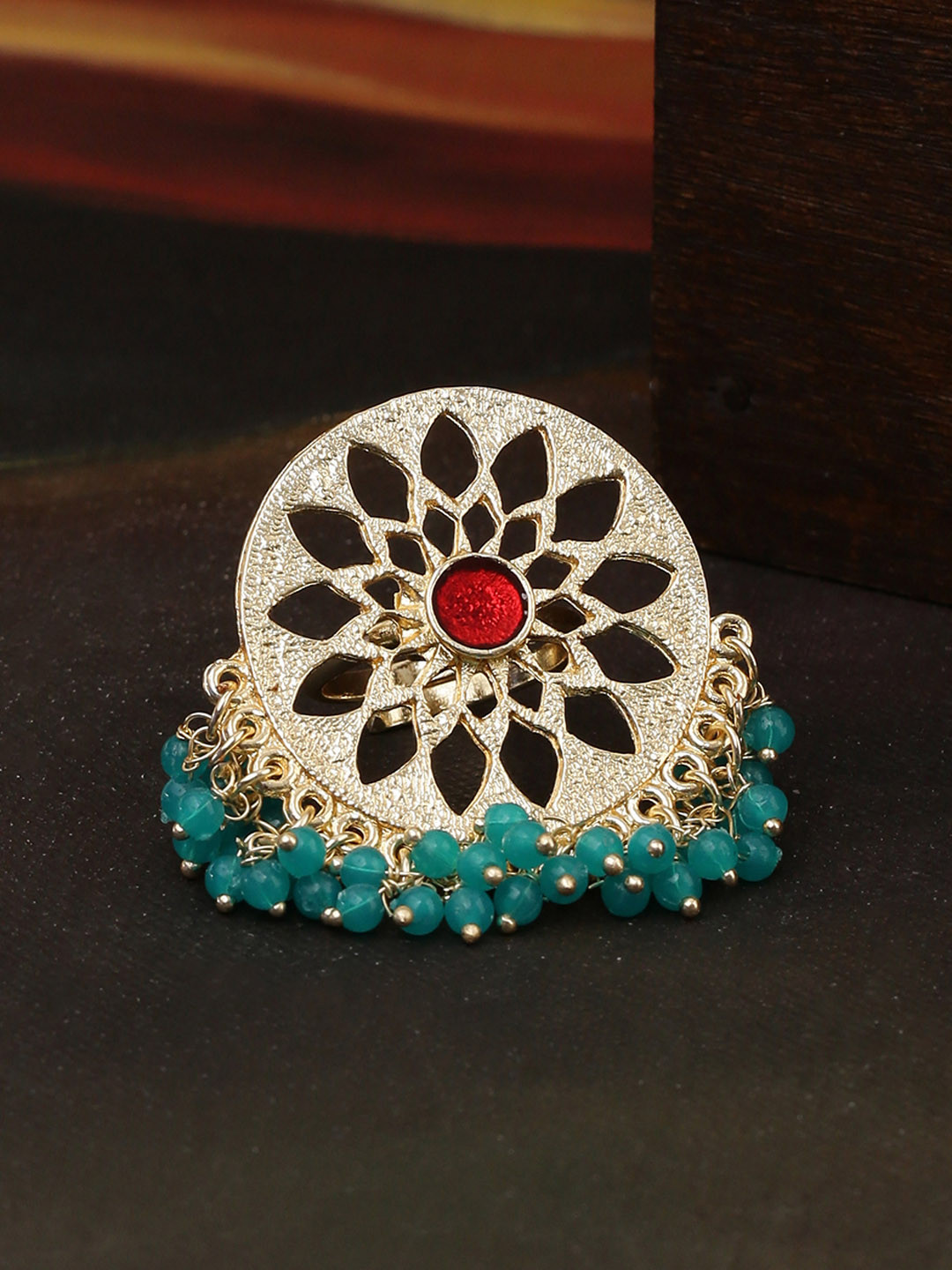 Shoshaa Gold-Plated Torquoise Blue & Red Stone-Studded Adjustable Finger Ring
