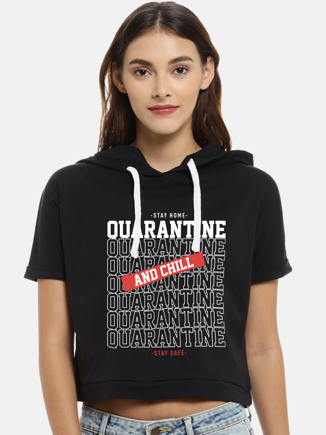 Campus Sutra Women Black Printed Hooded Boxy Pure Cotton Top