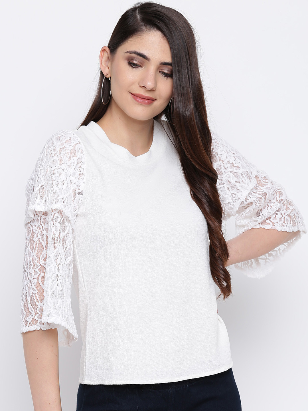 DODO & MOA Women White Solid Top With Lace Inserts