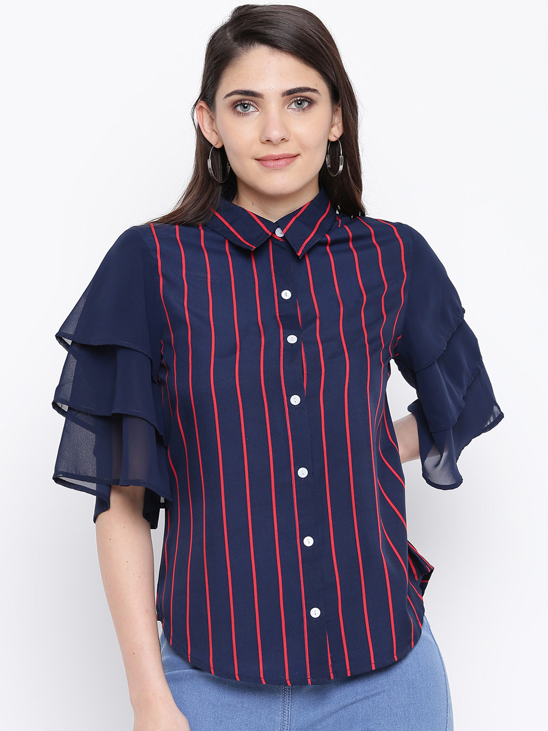 DODO & MOA Women Navy Blue & Red Striped Shirt Style Top