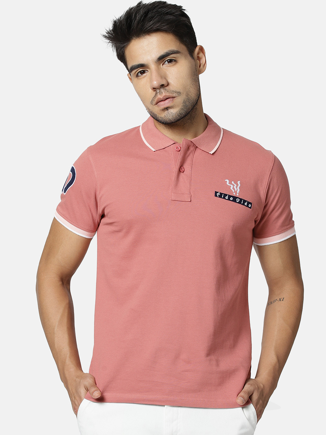 YAK YAK Men Salmon Pink Solid Polo Collar Pure Cotton T-shirt
