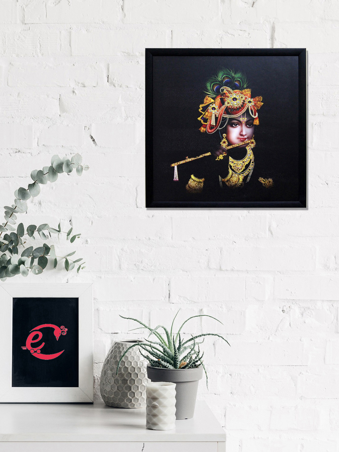 eCraftIndia Black & Gold-Coloured Krishna Playing Flute Satin Matt Texture UV Wall Art