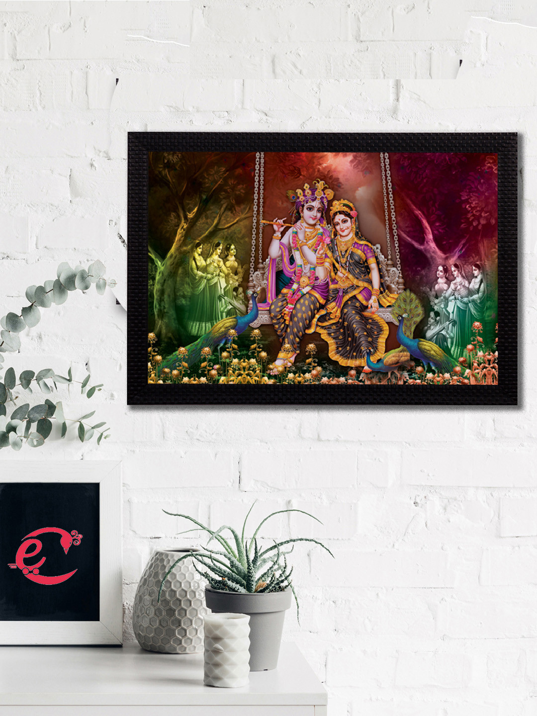 eCraftIndia Black & Green Radha Krishna Playing Flute Satin Matt Texture UV Wall Art