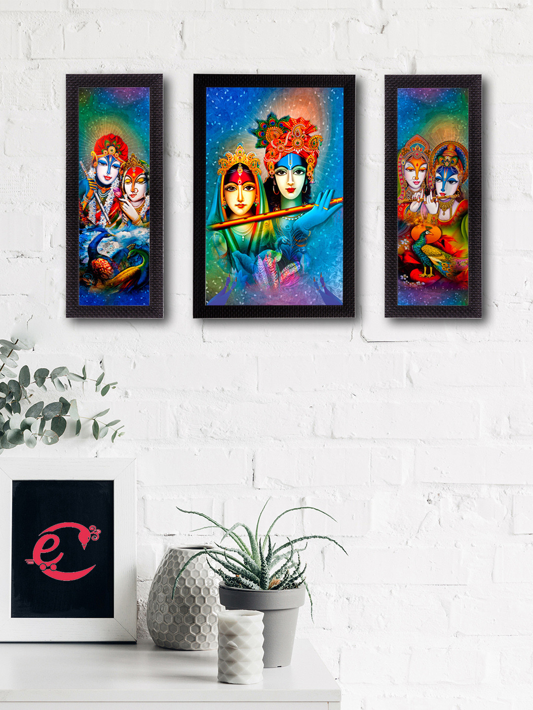 eCraftIndia Set Of 3 Blue & Green Abstract Radha Krishna Satin Matt Texture UV Wall Painting