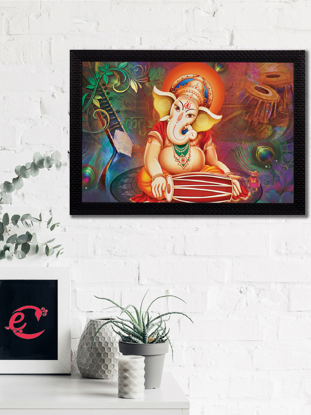 eCraftIndia Orange & Green Lord Ganesha Playing Dholak Satin Matt Texture UV Wall Art