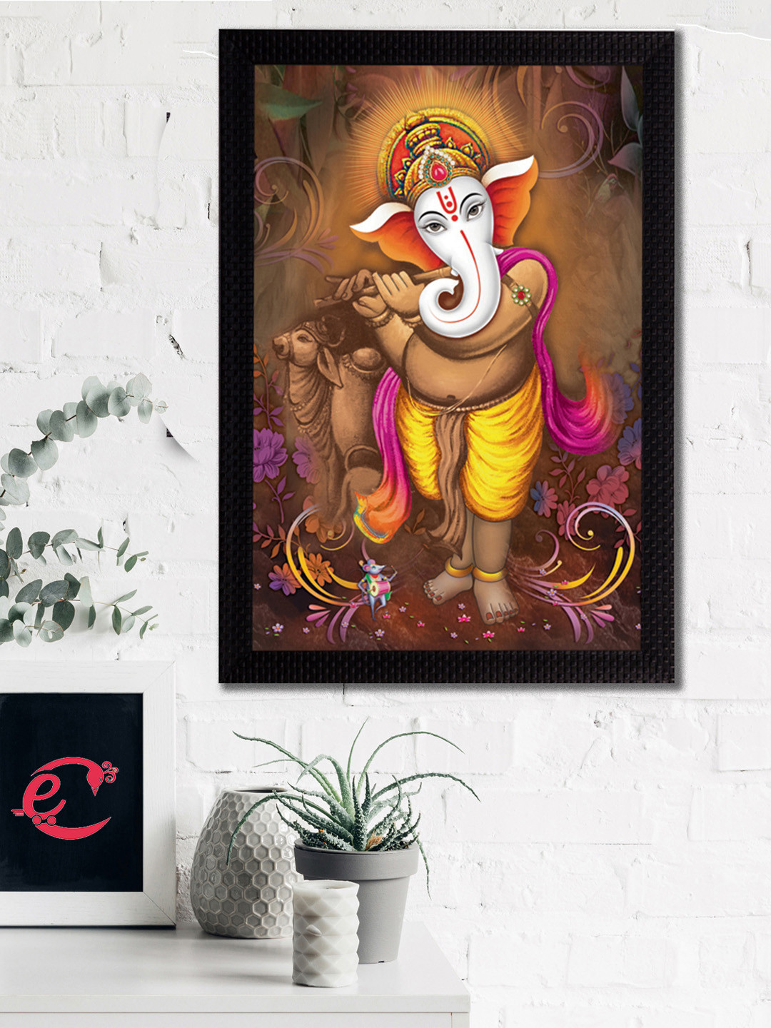 eCraftIndia Lord Ganesha Yellow Wall Home Office Rectangle Paintings Wall Art -14 x 10In