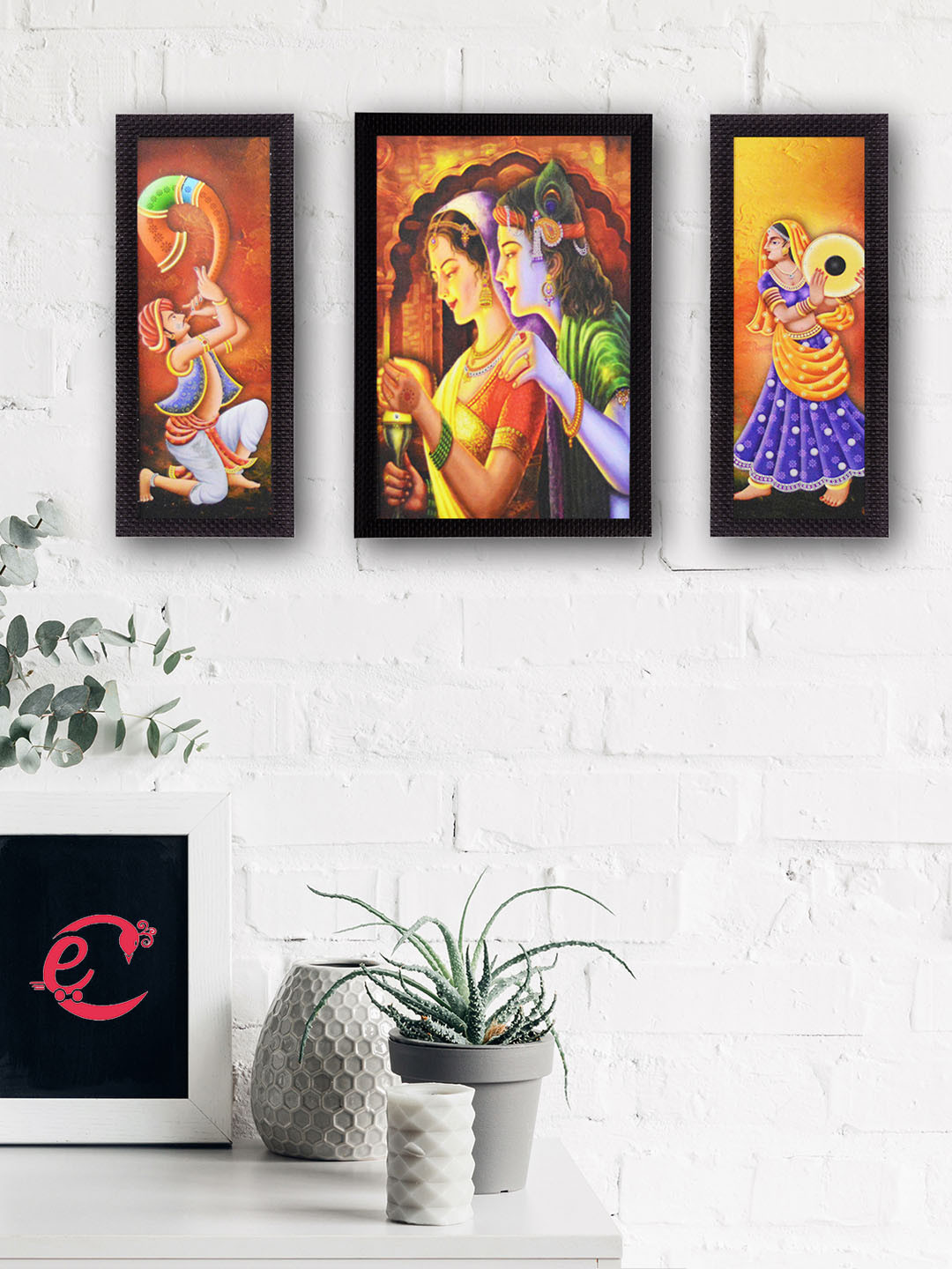 eCraftIndia Set Of 3 Orange & Blue Textured Radha Krishna Satin Matt UV Wall Painting