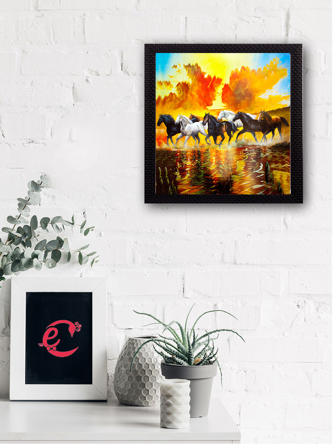 eCraftIndia Yellow & Brown 7 Running Lucky Horses Satin Matt Texture UV Wall Art