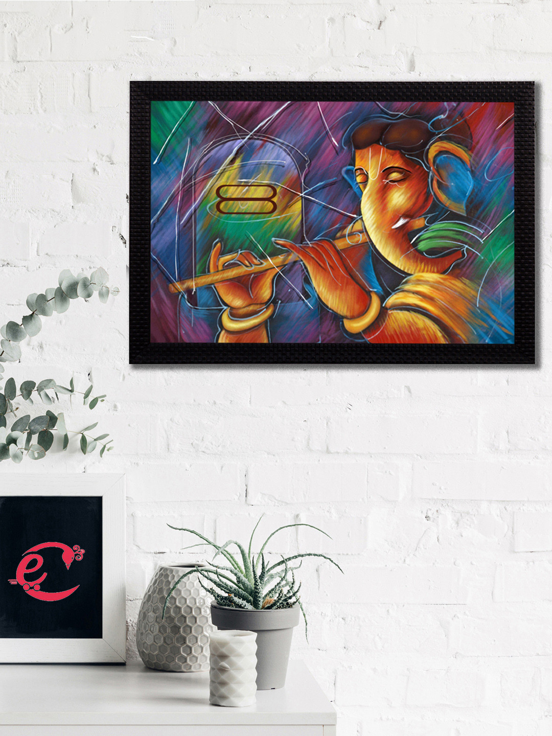 eCraftIndia Orange & Blue Lord Ganesha Playing Flute Satin Matt Texture UV Wall Art