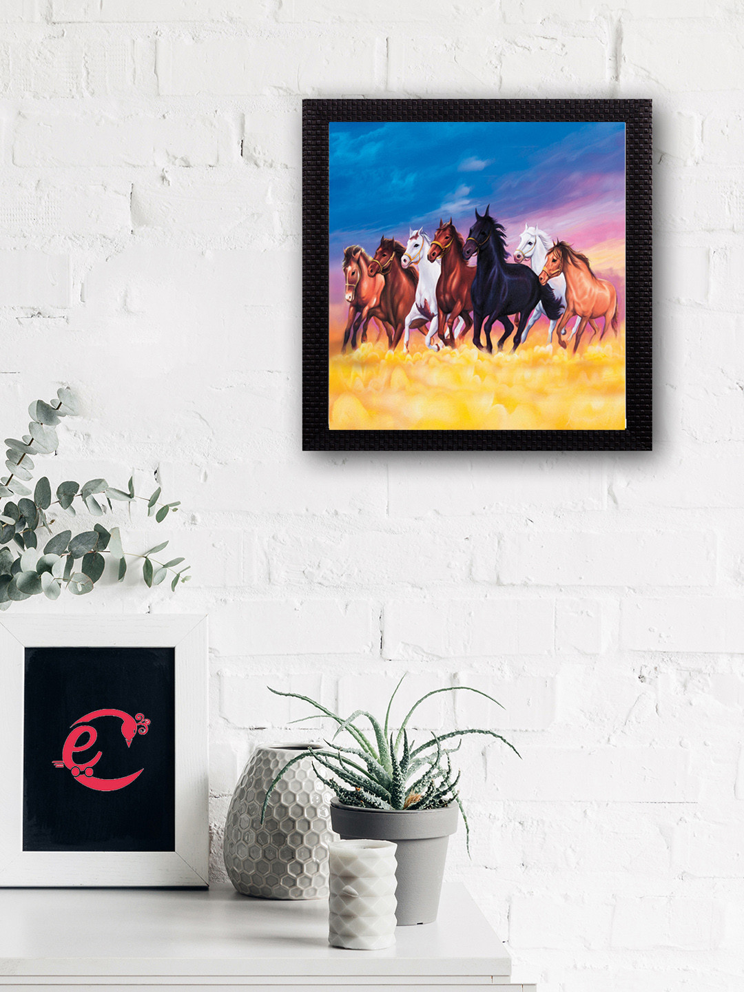 eCraftIndia Running Lucky Horses Paper Wall Square Paintings Wall Art - 12 x 12In