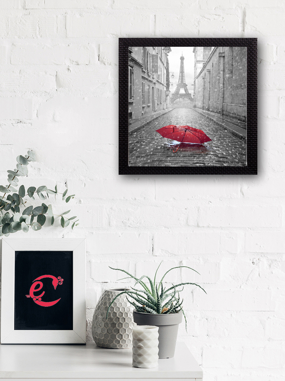 eCraftIndia Grey & Red Eiffel Tower Design Satin Matt Texture UV Wall Art