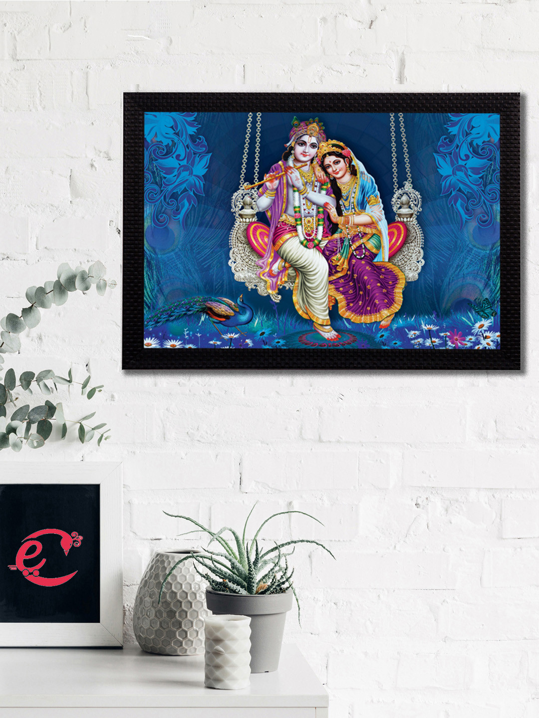 eCraftIndia Blue & Off-White Radha Krishna Playing Flute Satin Matt Texture UV Wall Art
