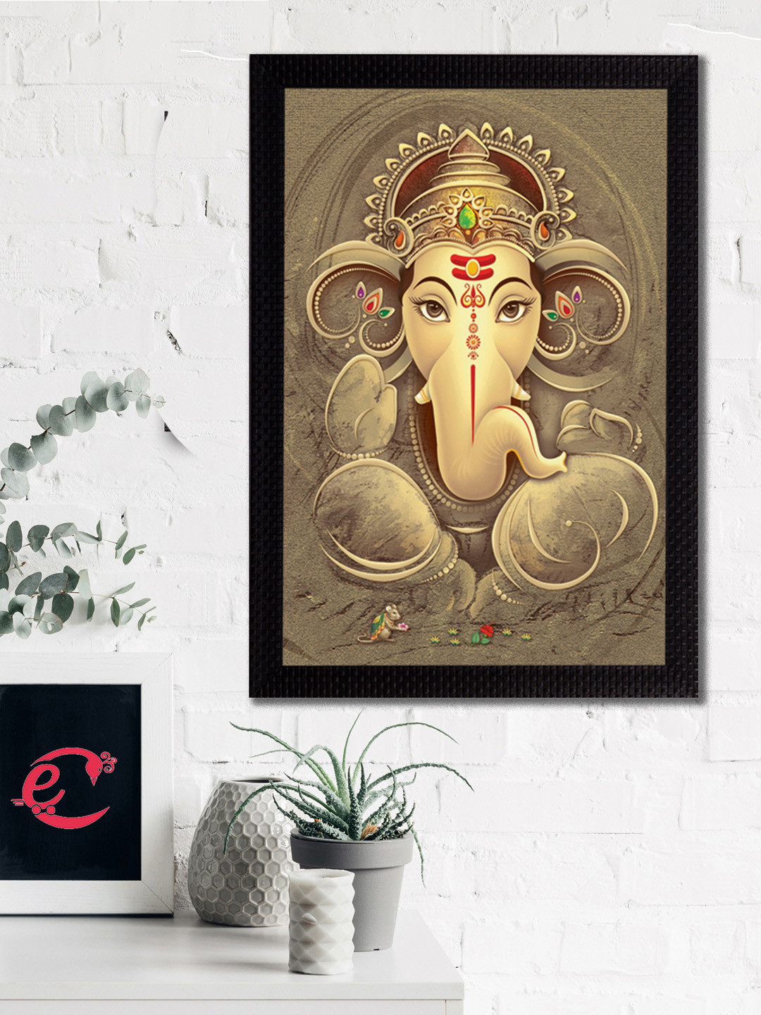 eCraftIndia Beige & Yellow Lord Ganesha Satin Matt Texture UV Wall Art