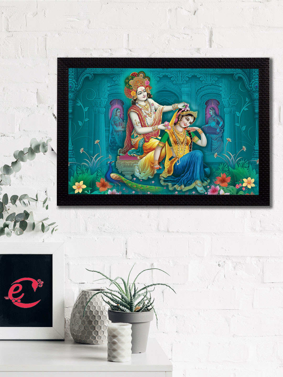 eCraftIndia Blue & Green Radha Krishna Satin Matt Texture UV Wall Art