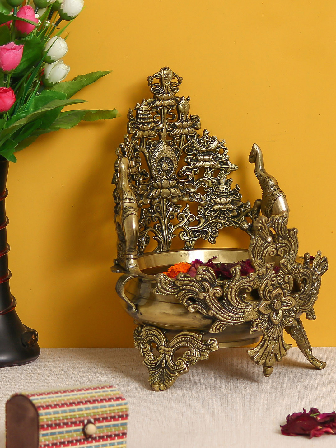 eCraftIndia Gold-Toned Handcrafted Decorative Premium Brass Urli With 2 Elephants