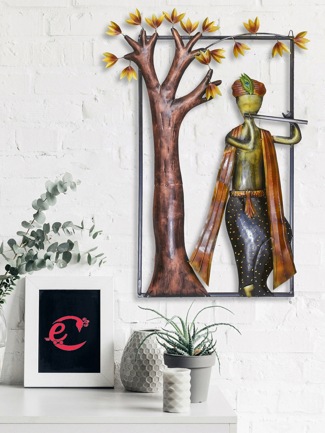 eCraftIndia Brown & Black Handcrafted Lord Krishna Playing Flute Under Tree Iron Wall Hanging Showpiece