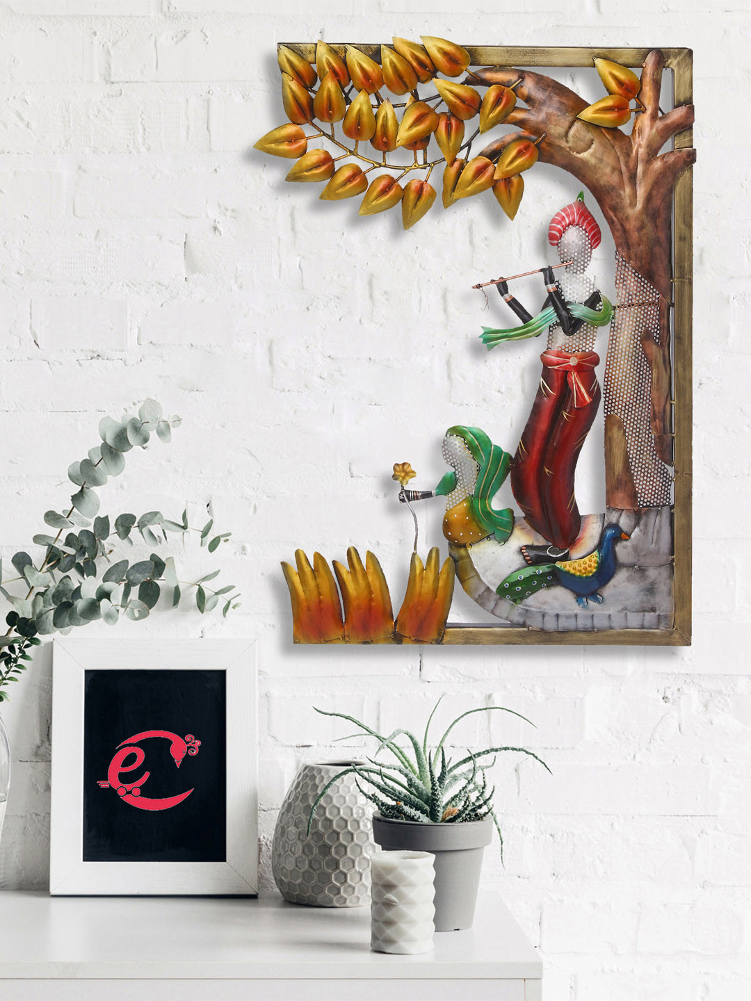 eCraftIndia Lord Krishna Playing Flute Under Tree Brown Iron Metallic Prayer Room Hand-Crafted Extra Large Showpiece - 30.7 Inches