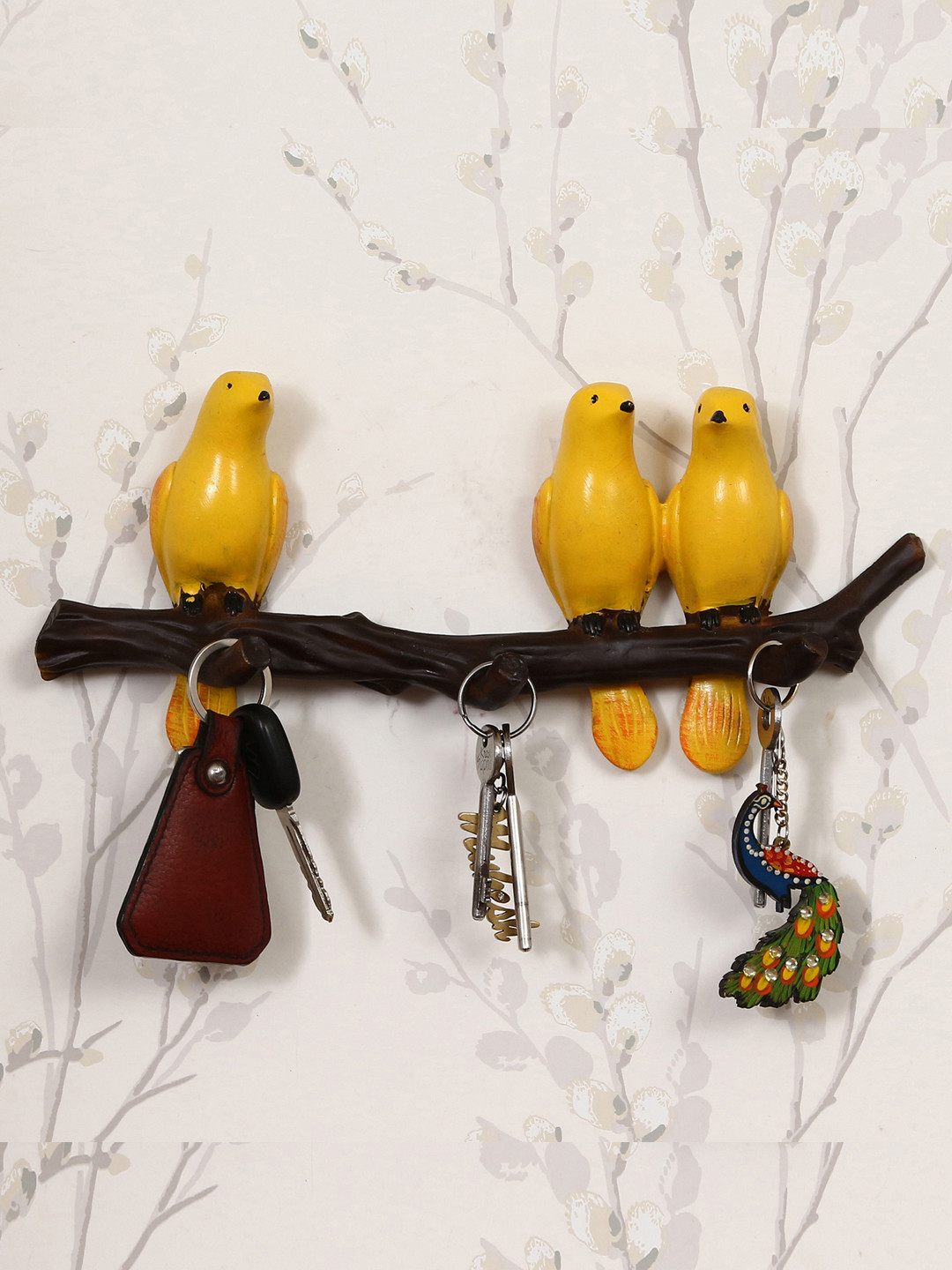 eCraftIndia 3 Yellow Birds Sitting on Tree Branch Decorative Key Holder