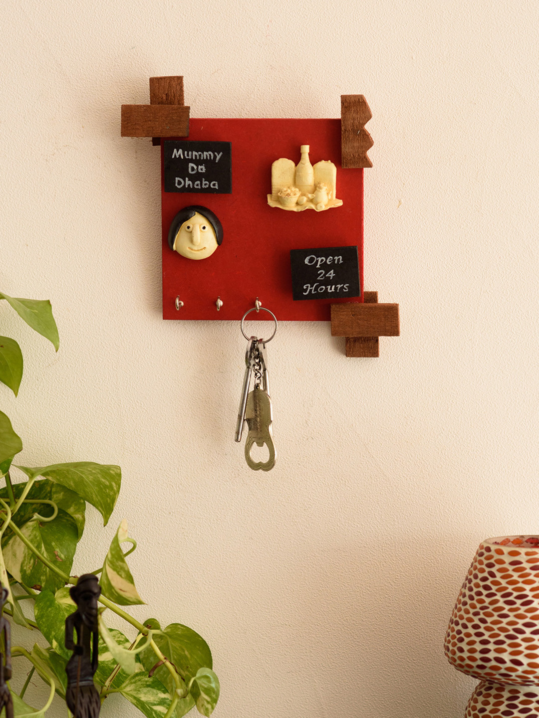 eCraftIndia Red & Brown Handcrafted Mummy Da Dhaba Key Holder